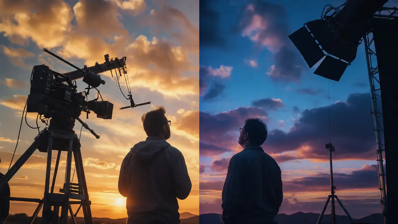 Director and cinematographer observing magic hour light transition with equipment ready.