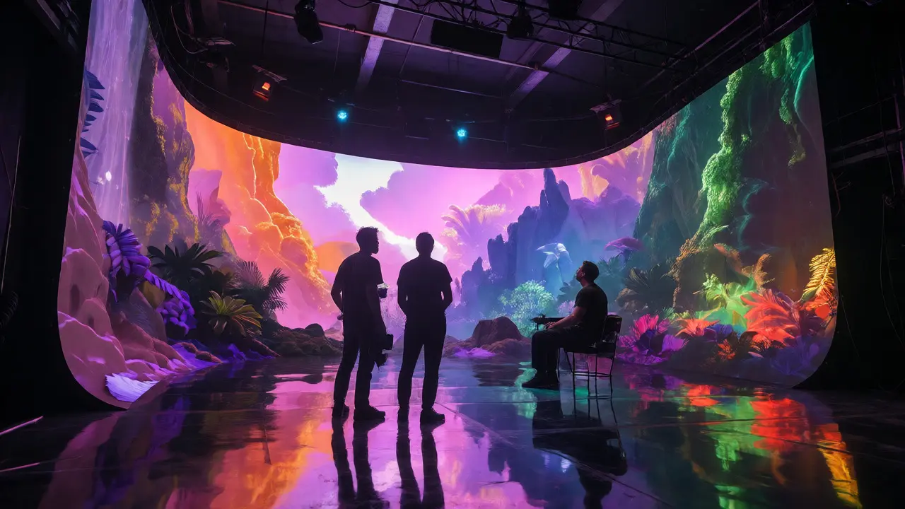 Director and VFX Supervisor on an LED volume stage with real-time virtual backgrounds.