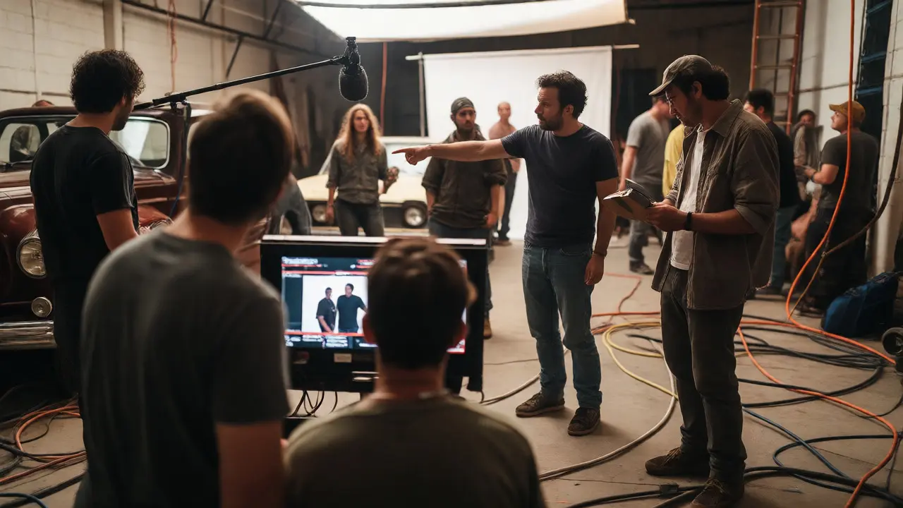 Director gesturing to actors while crew manages complex filming logistics