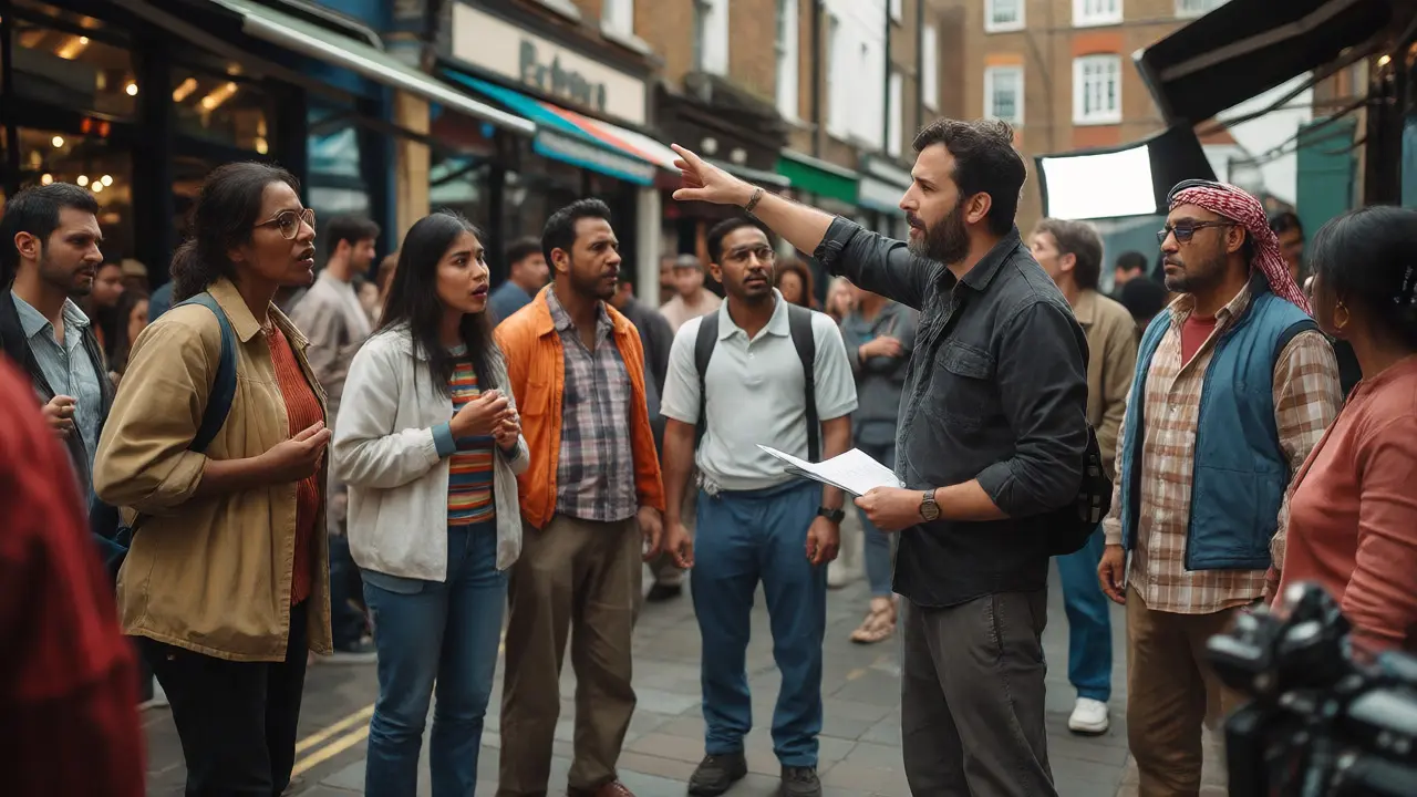 Director guiding diverse extras in a realistic London market