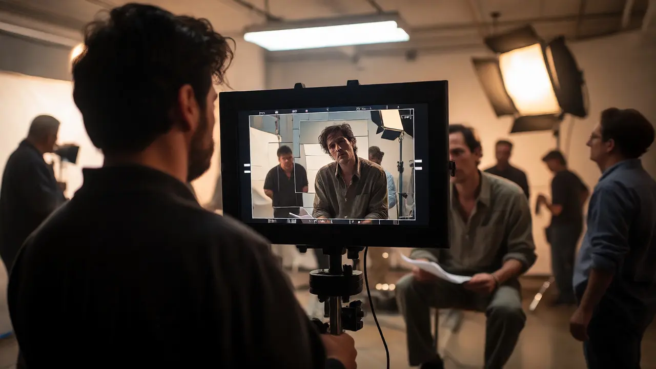 Director watching an isolated actor on set, highlighting method acting's intensity.