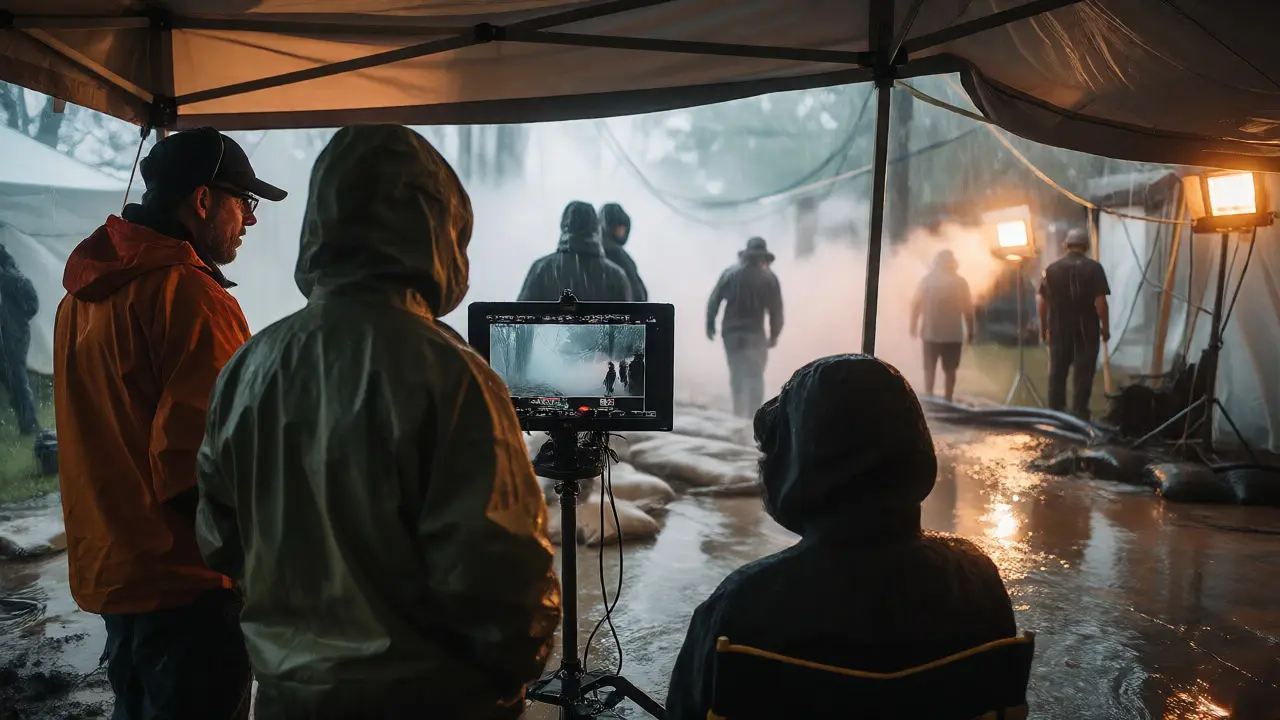 Directors reviewing footage under a tent while it rains on a film set