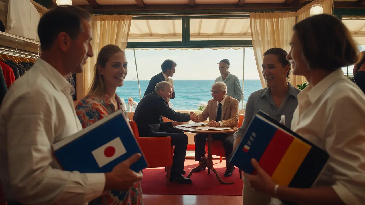 Distributors negotiating contracts at an international film festival marketplace
