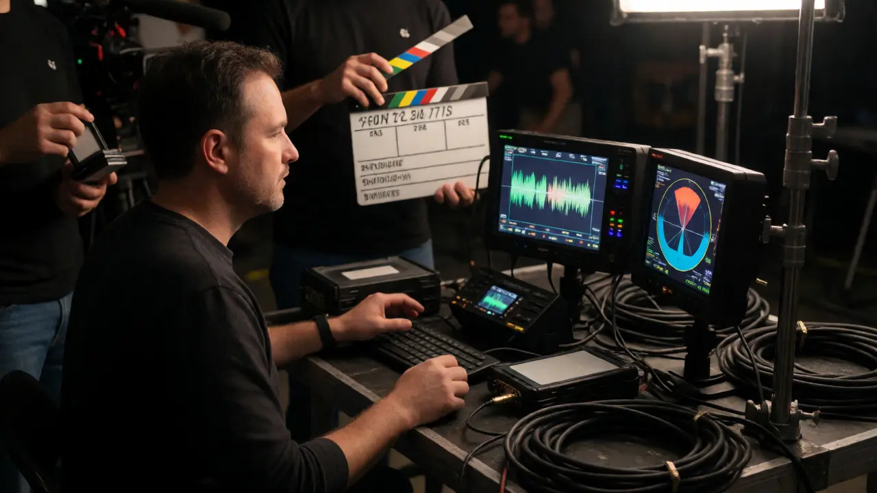 DIT monitoring waveforms as 2nd AC prepares slate on set.