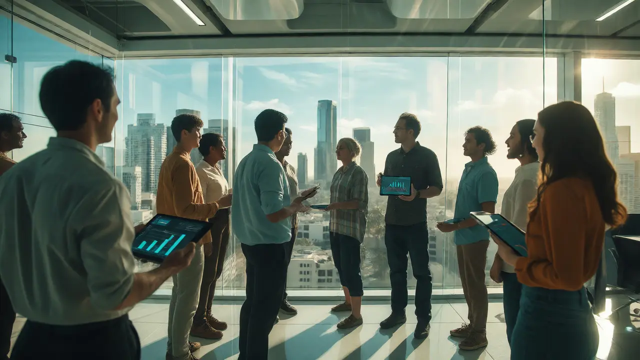 Diverse film team collaborating in a bright, modern office with data-driven discussions.