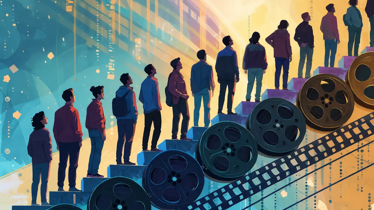 Diverse filmmakers ascending stairs made of film reels and data
