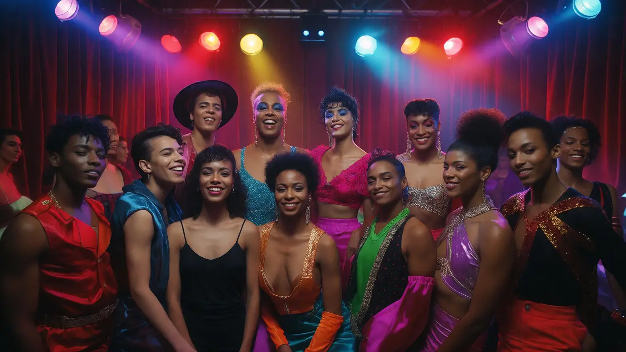 Diverse group celebrating in a vibrant 1990s ballroom setting.