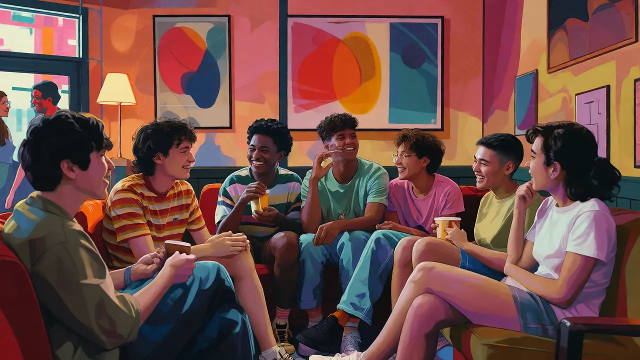 Diverse group of queer youth socializing in an indie movie theater lobby, celebrating community and inclusion.