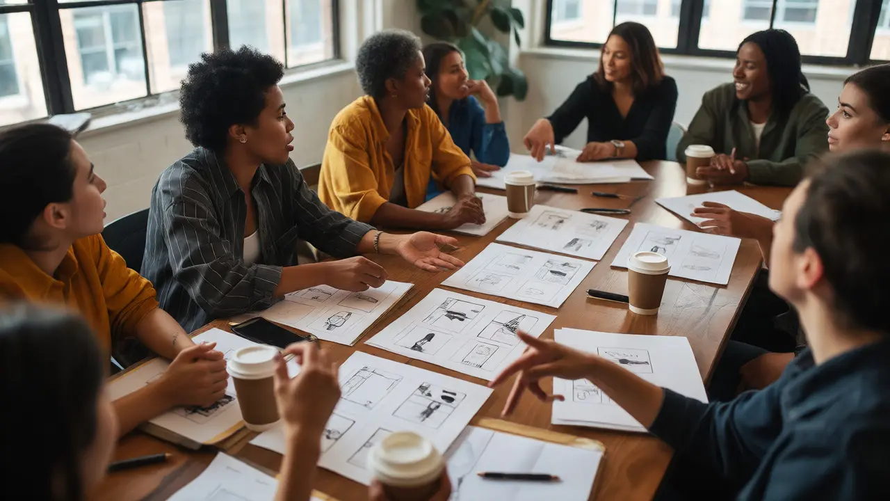Diverse group of writers discussing story arcs in a bright office