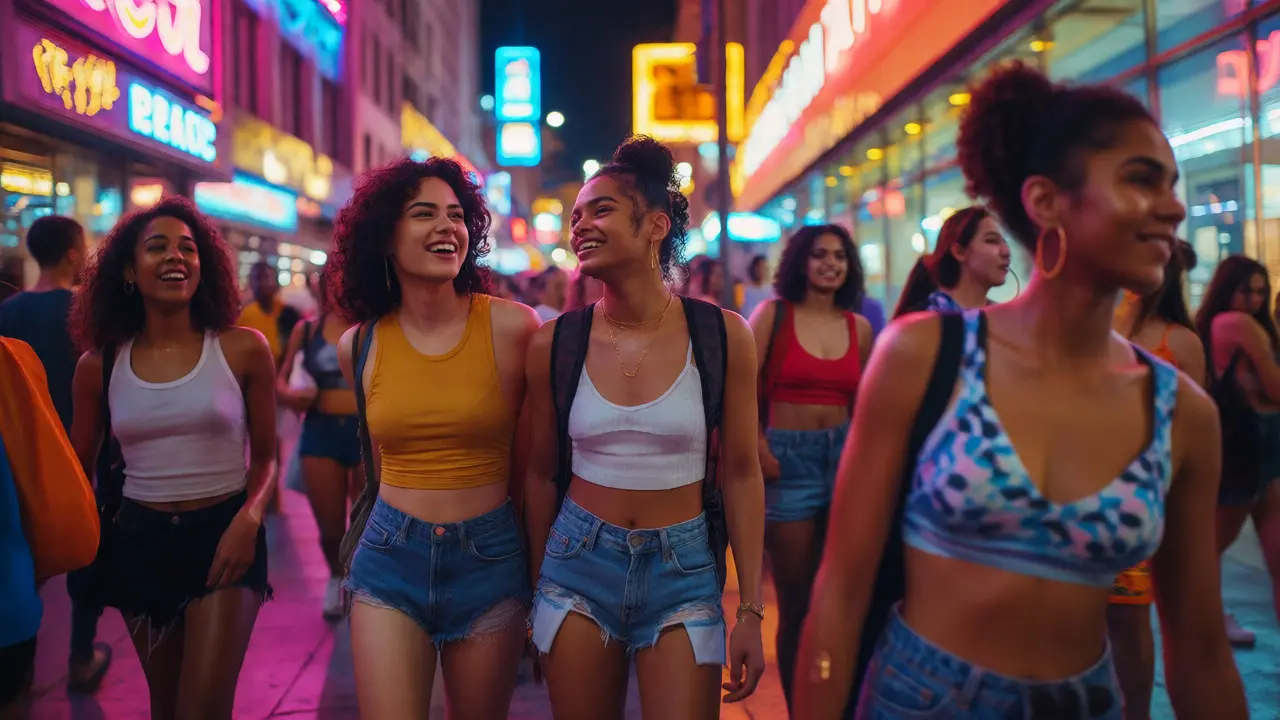 Diverse queer youth celebrate in vibrant, neon-lit urban Los Angeles streets.