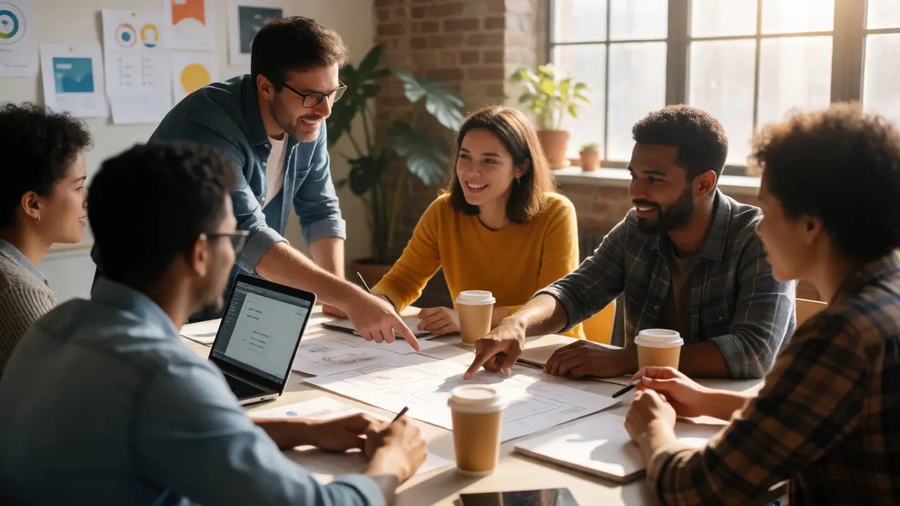 Diverse team collaborating around a table in a bright, modern creative studio.