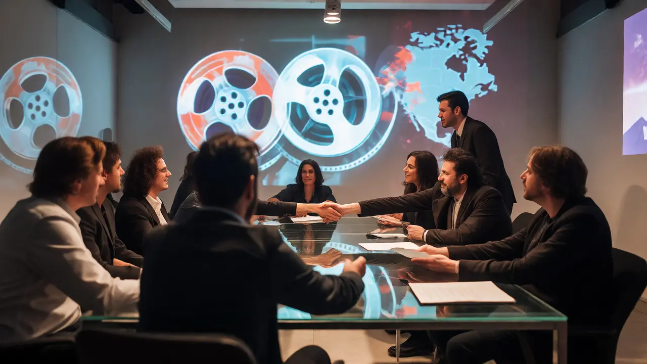 Documentary buyers and creators negotiating in a modern film market meeting room