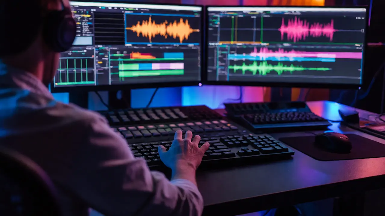 Editor analyzing footage and making cuts in a dark edit suite