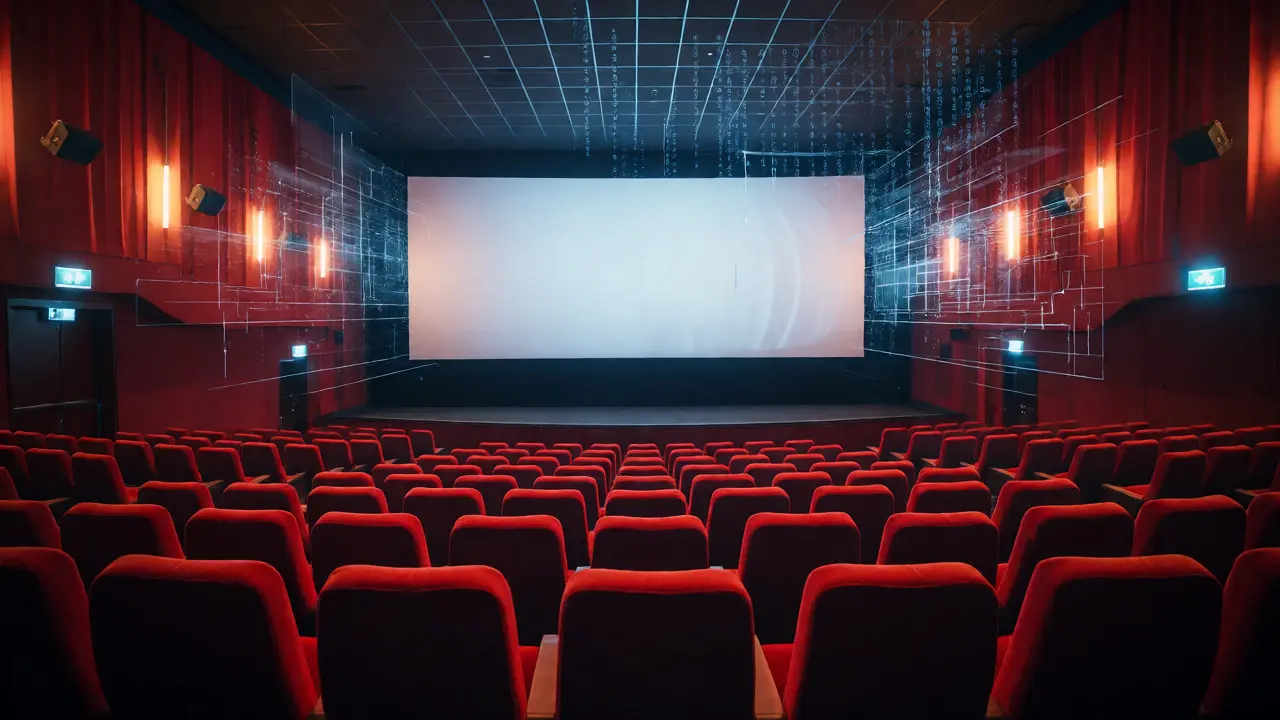 Empty cinema auditorium with digital data overlay
