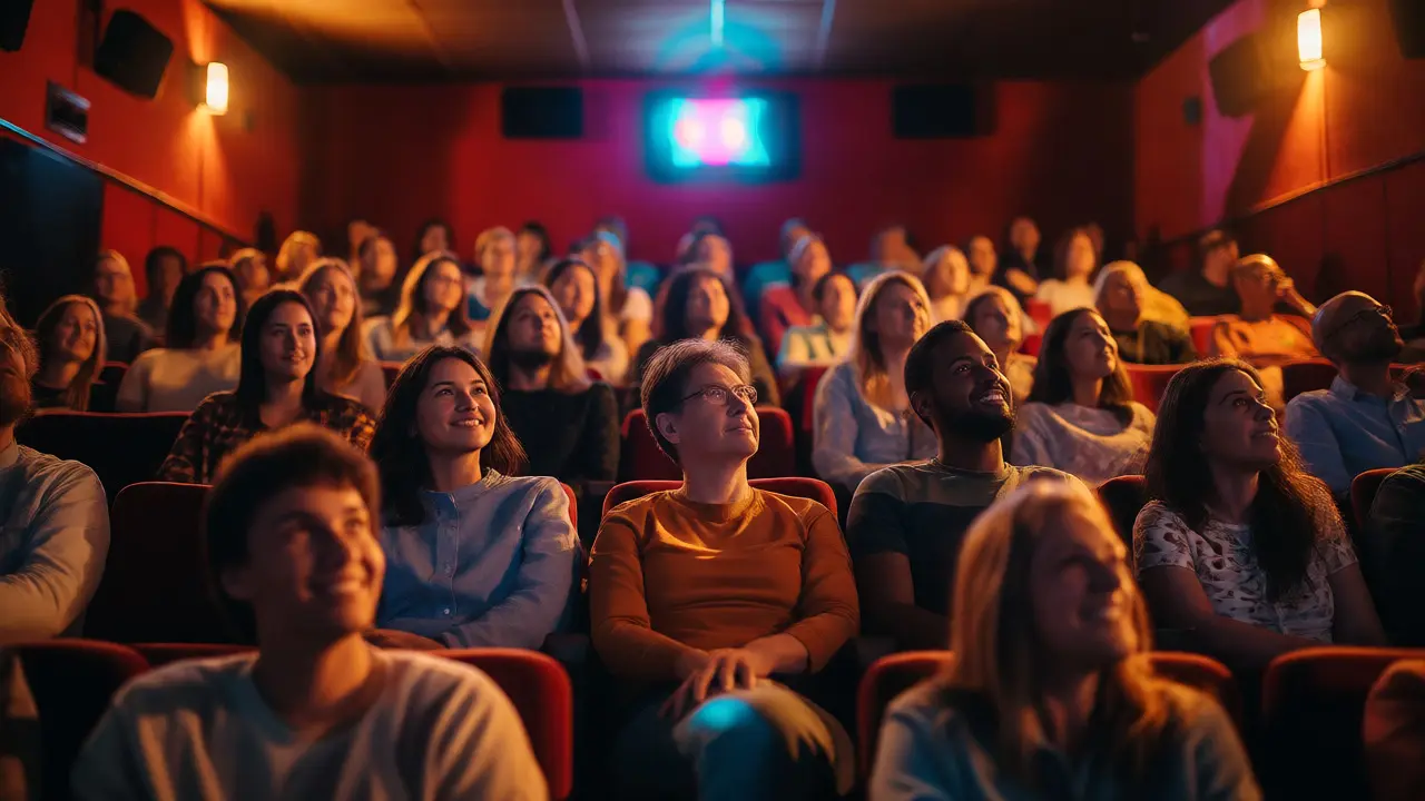 Engaged audience watching a film in a warmly lit boutique cinema.