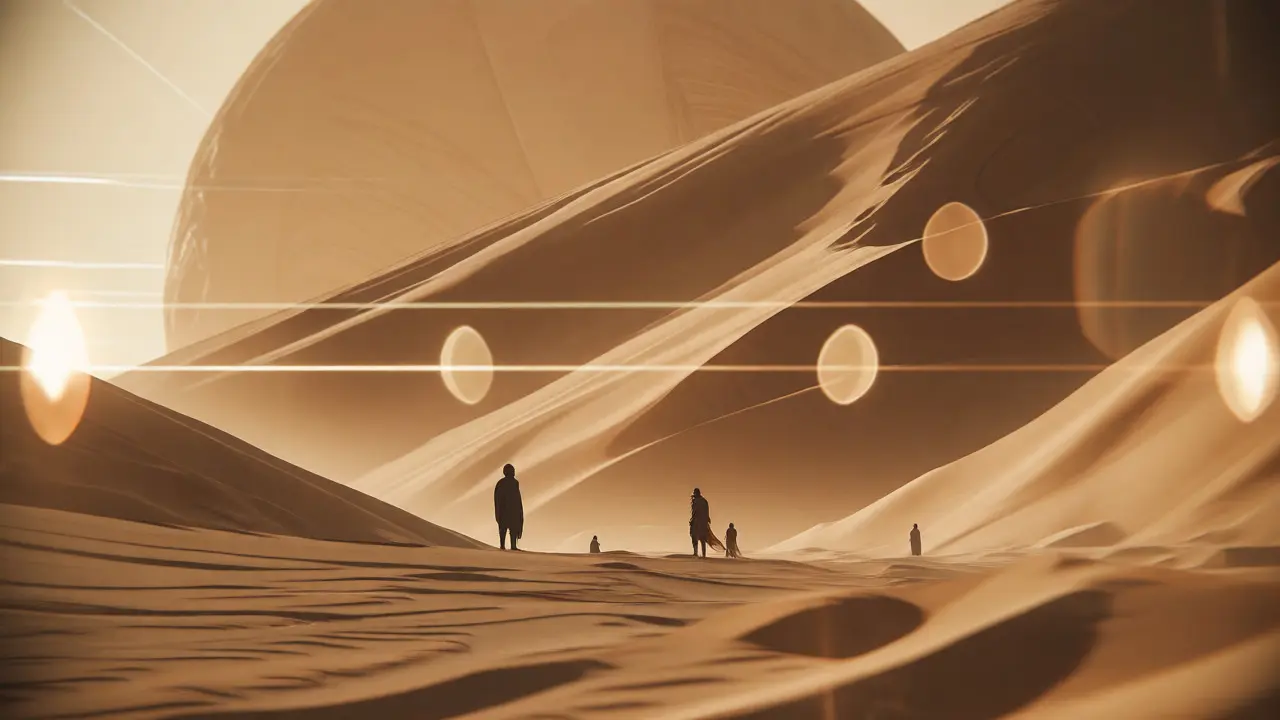 Epic monochromatic landscape with anamorphic flares and tiny human figures