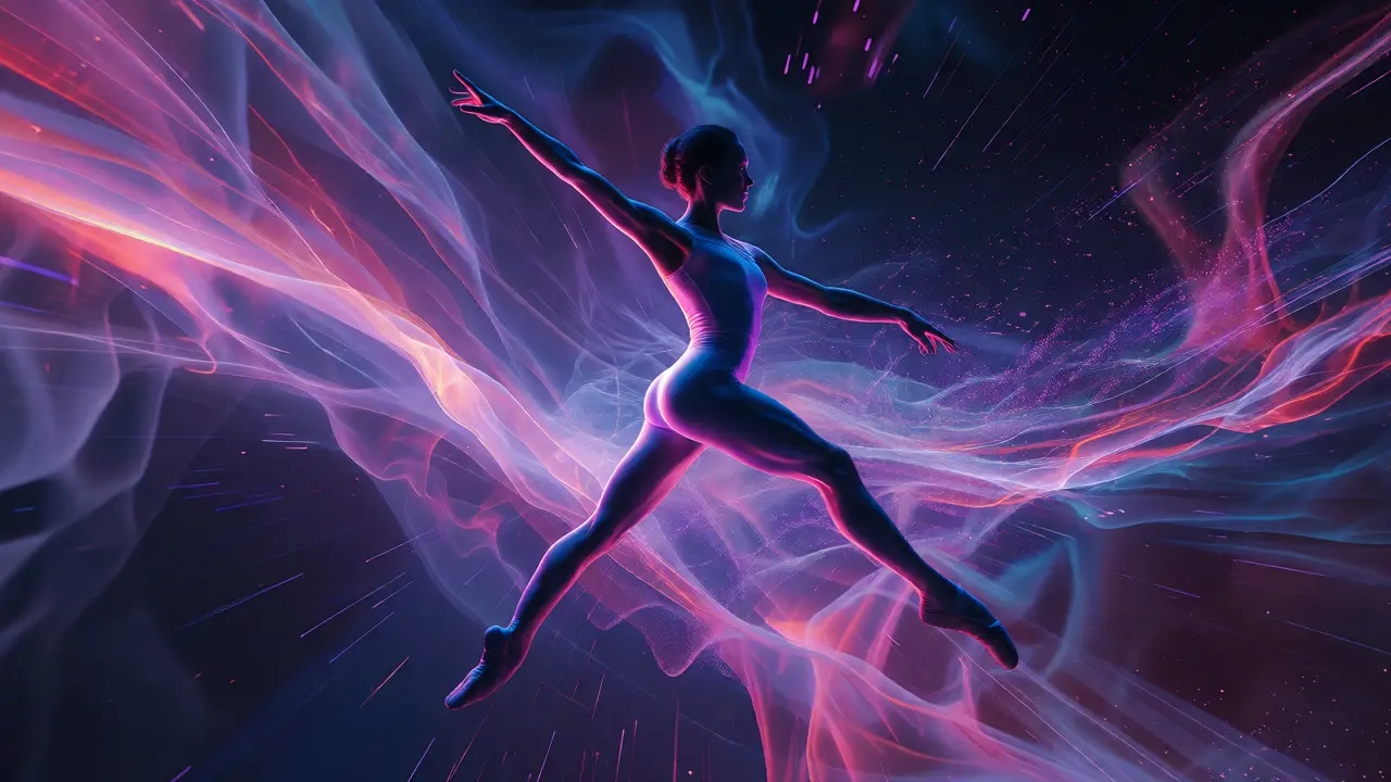 Ethereal ballet dancer leaping through abstract digital particles with neon rim lighting.