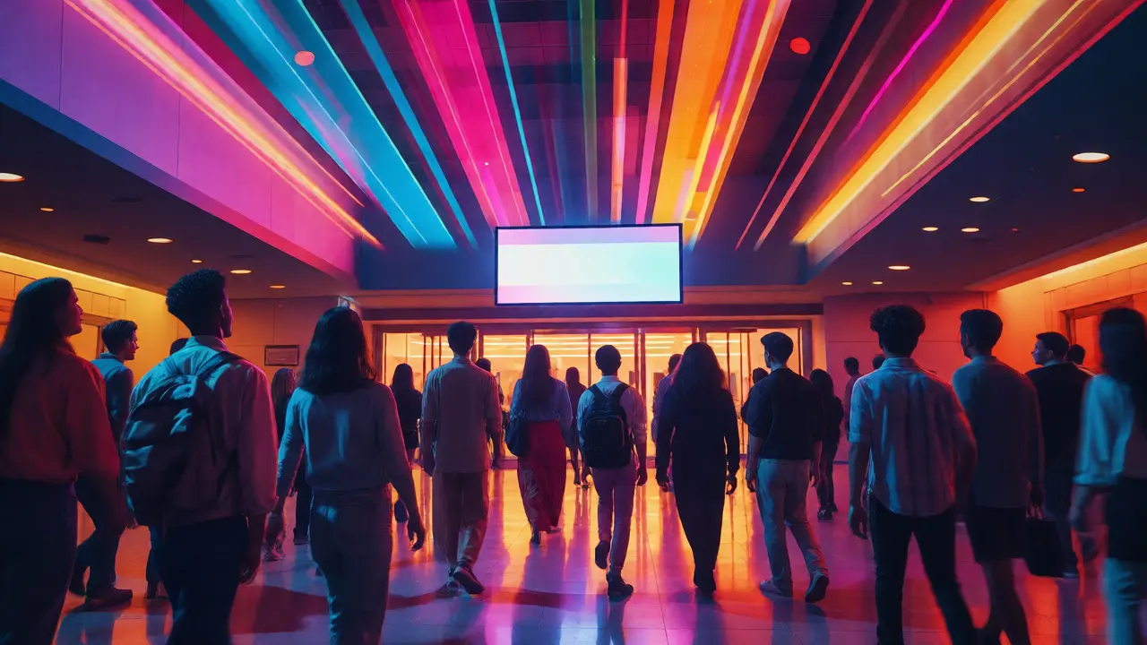 Excited diverse crowd entering a cinema for a premiere