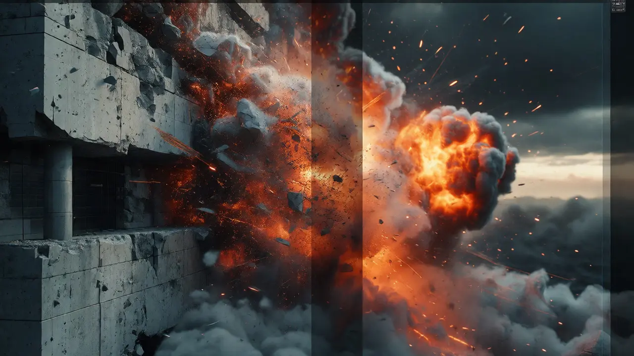Explosion simulation transitioning from particles to final render