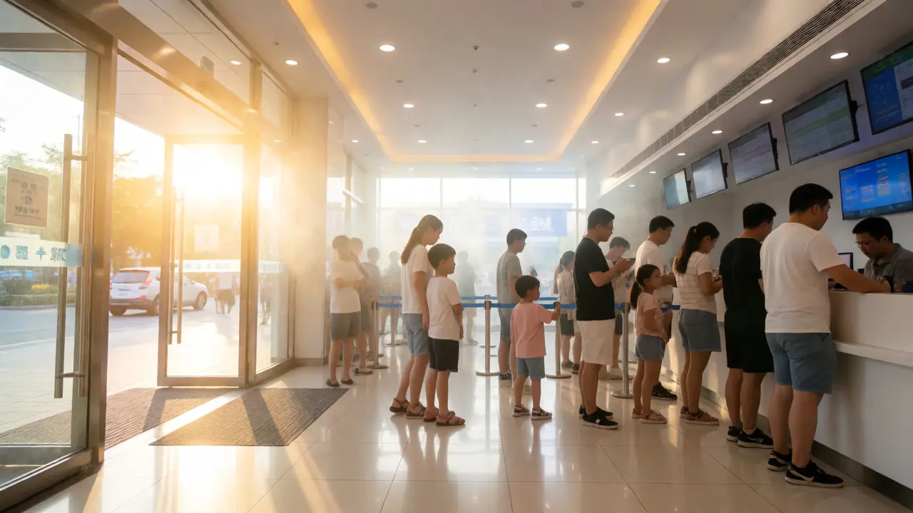 Families entering a cool movie theater lobby during a hot, sunny day