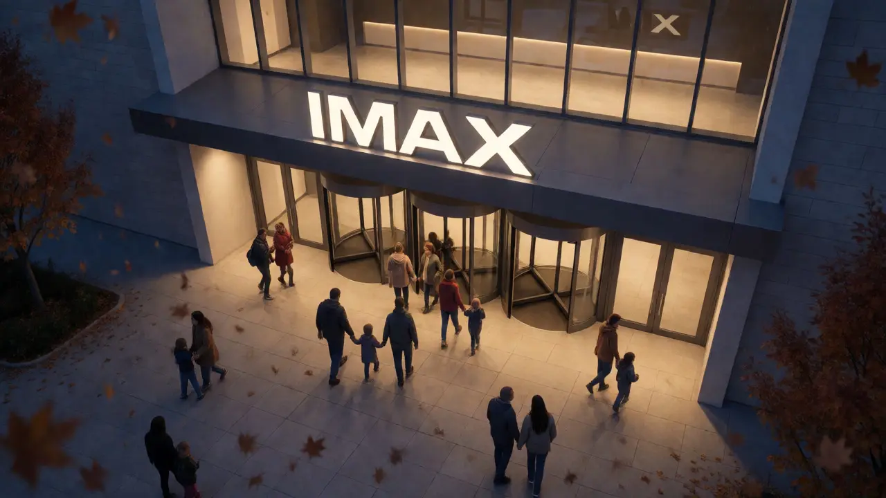 Families entering a modern cinema at twilight during the autumn holiday season.