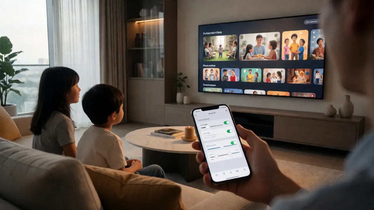 Family watching curated content on TV while parent manages settings on phone