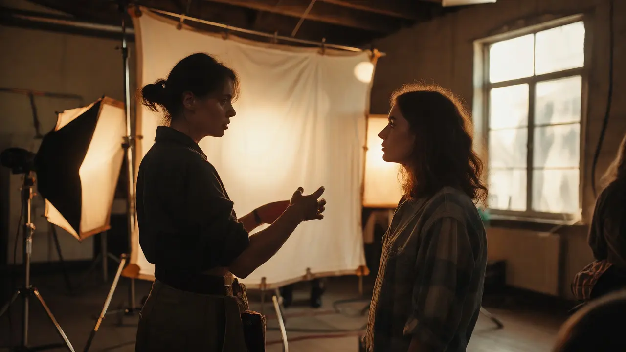 Female DP collaborating with an actor under soft, naturalistic lighting