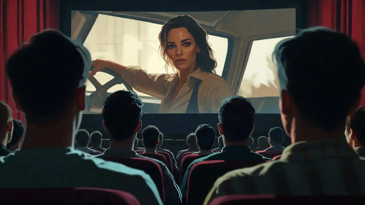 Female protagonist on screen looking back at audience, challenging the male gaze.