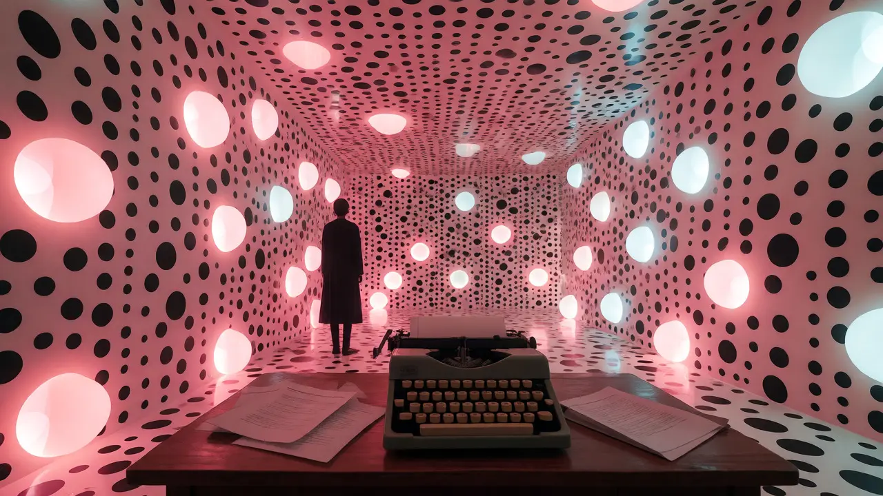 Figure standing in a polka-dotted infinity room near a typewriter