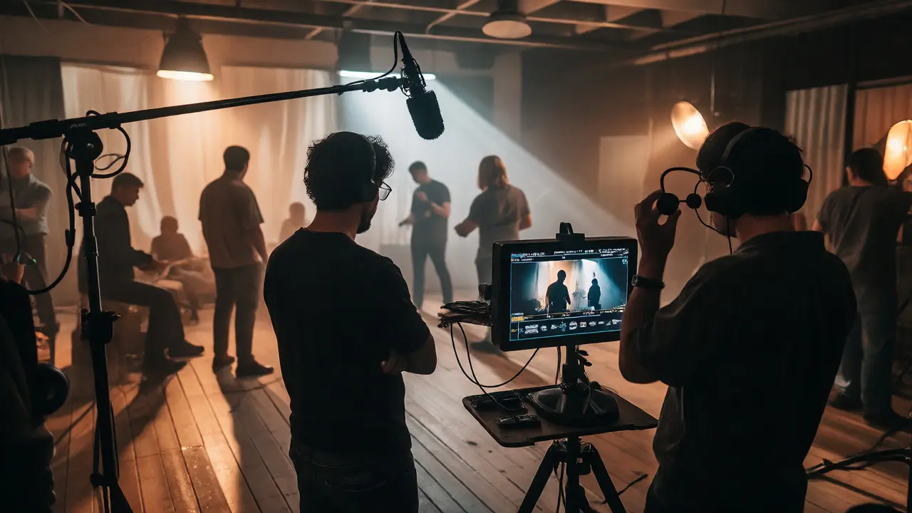 Film crew adapting audio drama with sound equipment on set