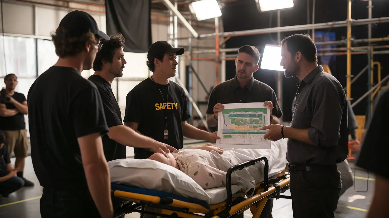 Film crew conducting emergency action plan safety drill