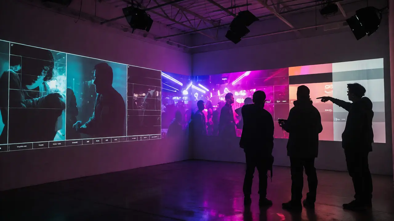 Film crew reviewing projected color script timelines on a studio wall