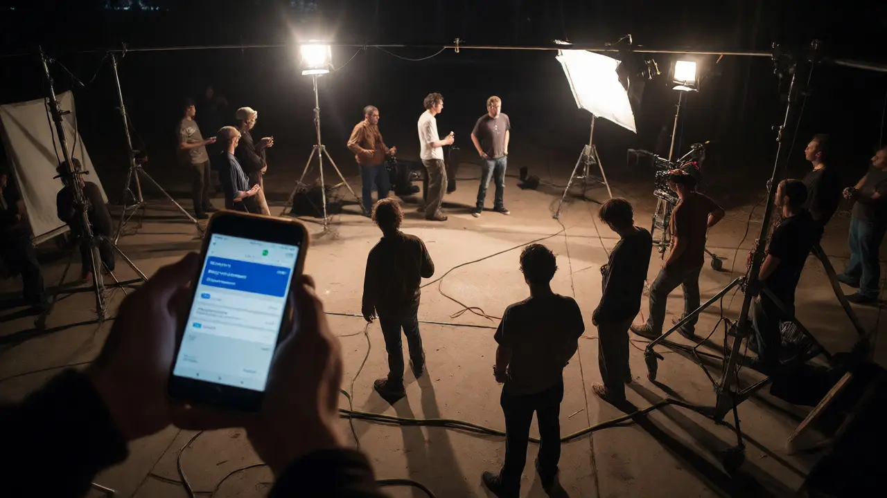 Film crew setting up night shoot equipment while checking bank transfers.