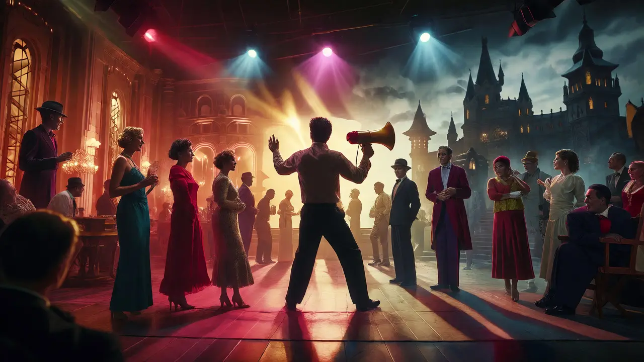Film director on soundstage transforming set into various classic literary genres