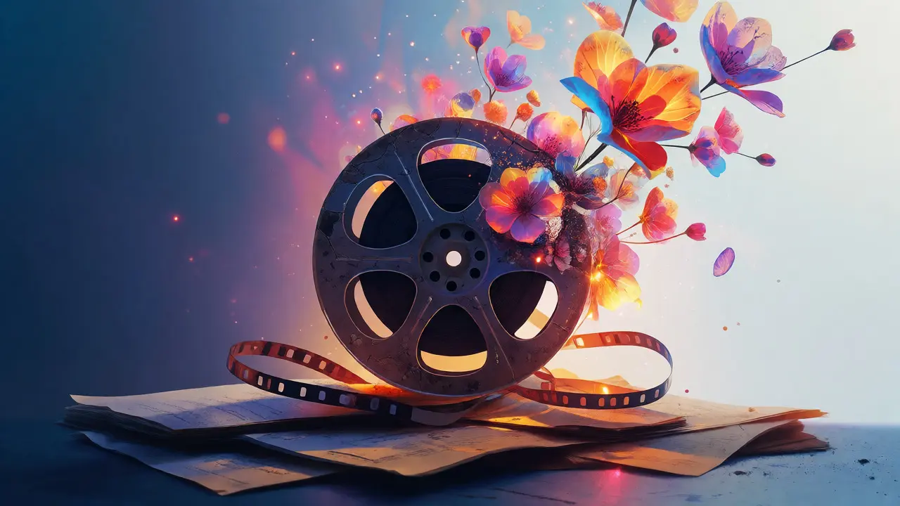 Film reel transforming into glowing flowers