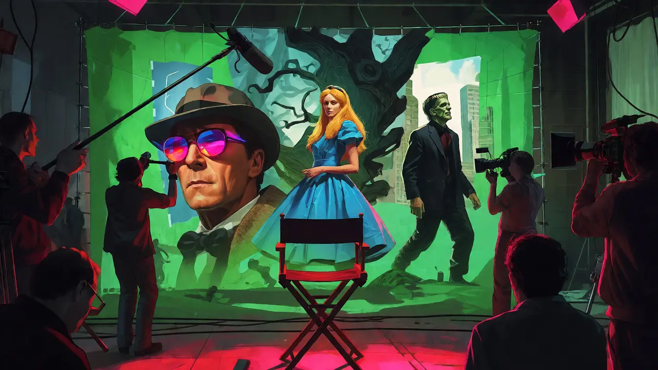 Film set with green screen showing surreal adaptations of classic characters