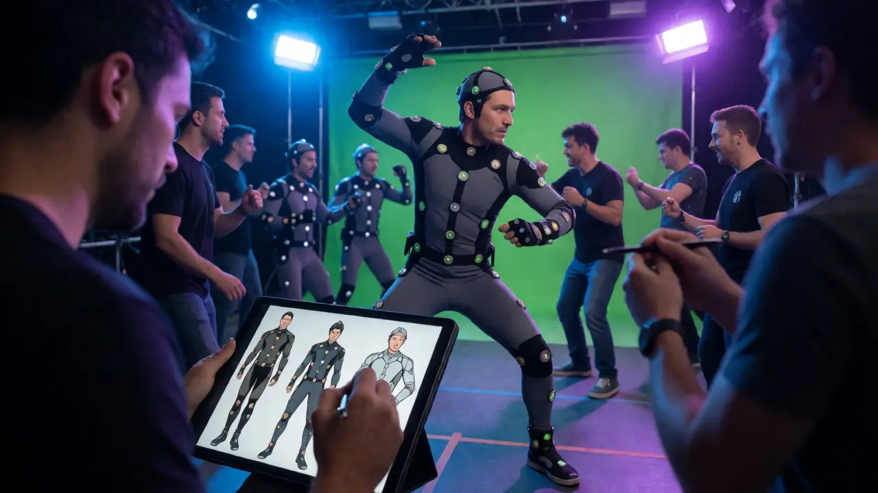 Film set with motion capture actor and concept artist