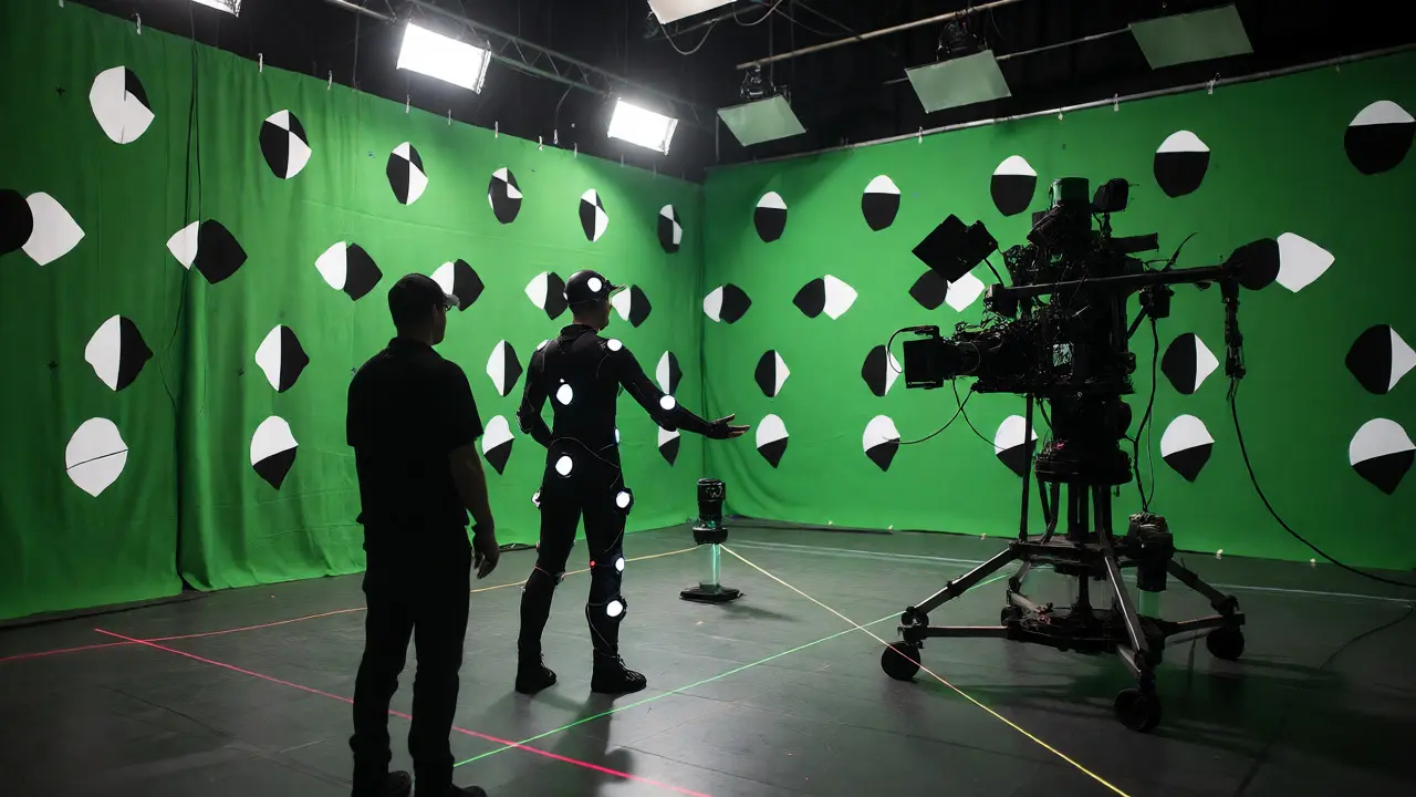 Film set with motion capture actor and tracking markers