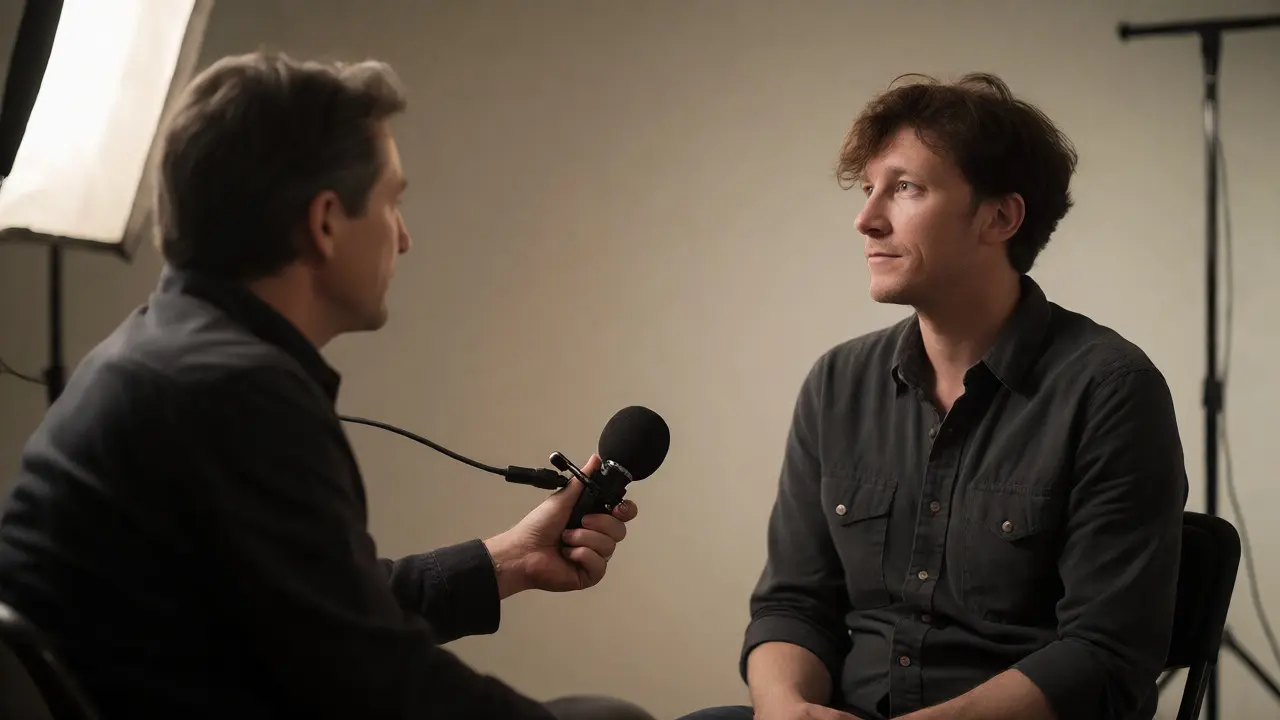 Filmmaker interviewing a source in a softly lit, intimate setting