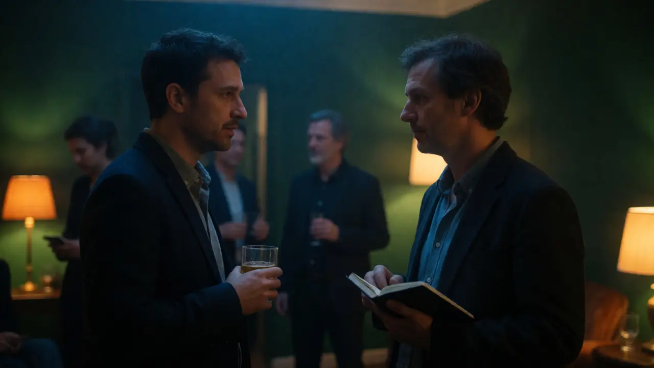 Filmmaker politely interacting with a critic at a festival event