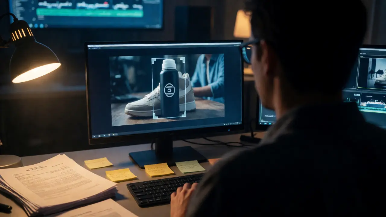 Filmmaker reviewing footage with highlighted brand clearance issues
