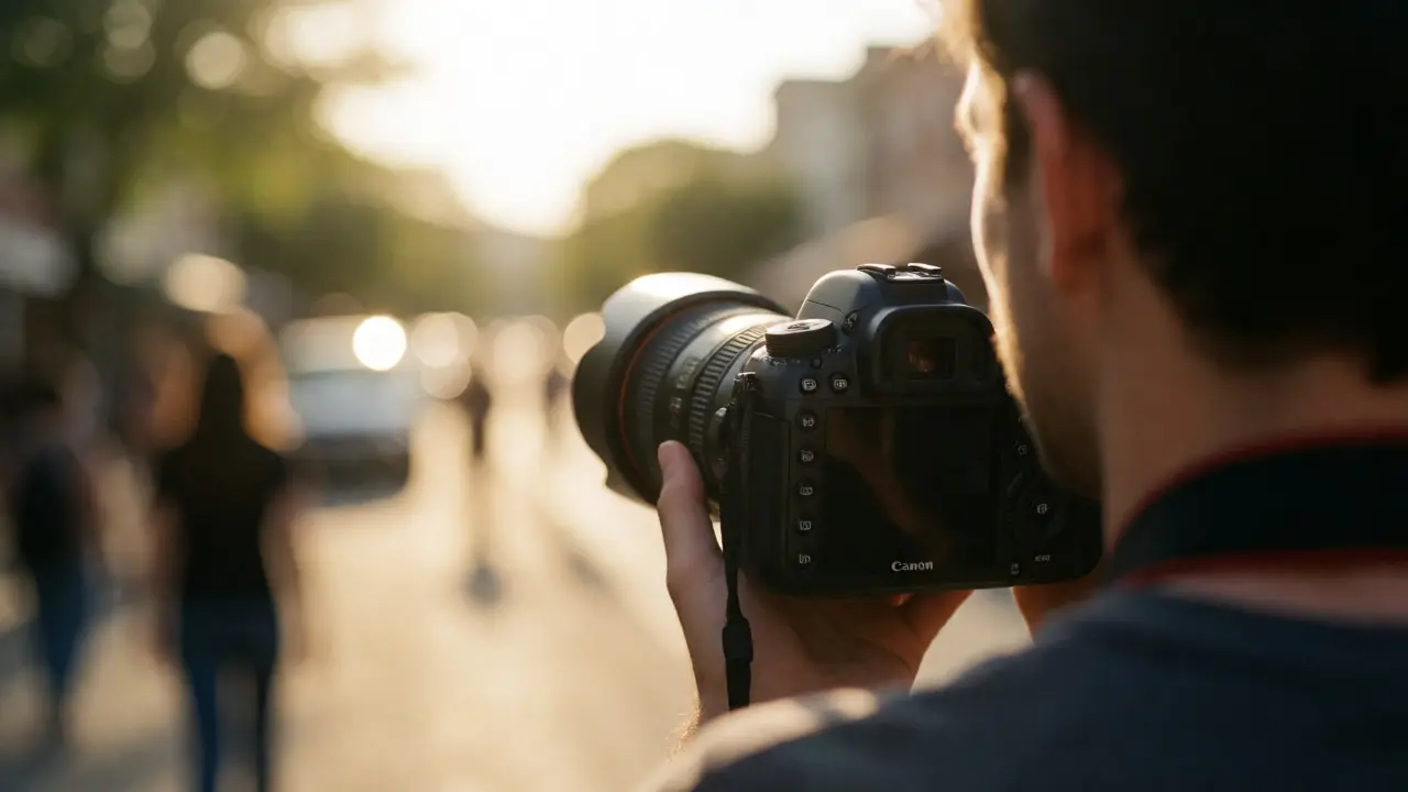 Filmmaker using Canon DSLR with prime lens to capture cinematic shallow depth of field