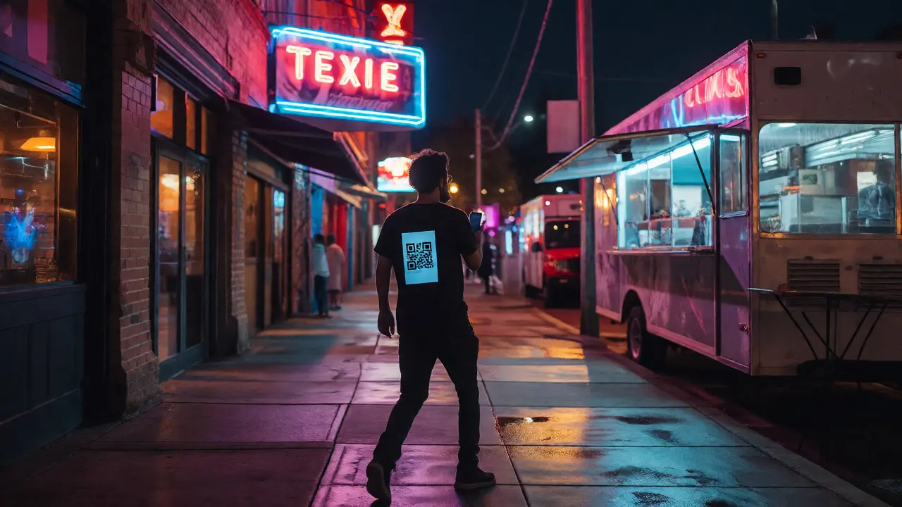 Filmmaker walking through neon-lit Austin streets at night holding a phone.
