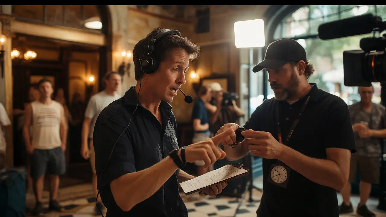 First Assistant Director checking watch on set while crew prepares for next shot.