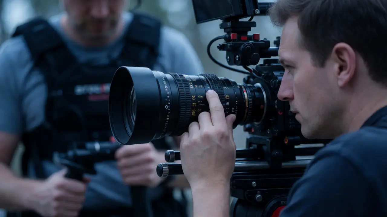 Focus puller adjusting lens while camera operator balances Steadicam rig.