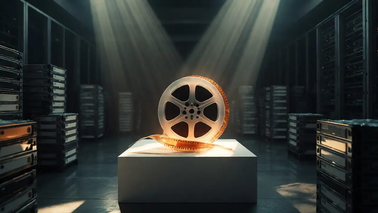 Fragile film reel on a pedestal surrounded by shadowy digital servers.