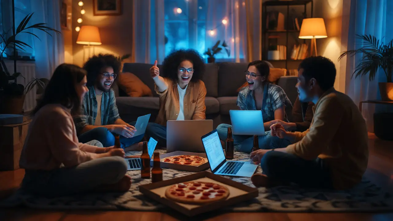 Friends celebrating a project milestone in a cozy home editing space.