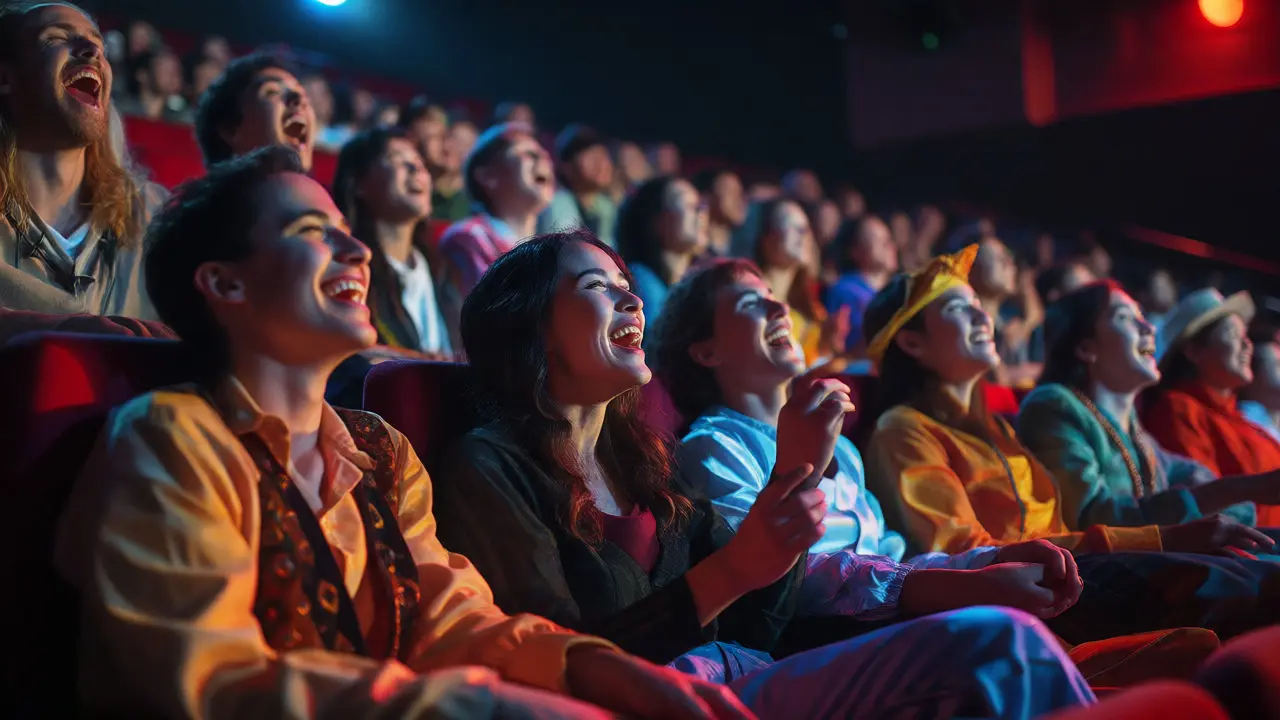 Friends in costumes enjoying a midnight cult movie screening