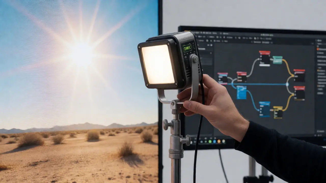 Gaffer adjusting physical lights to sync with a digital desert scene on an LED wall.