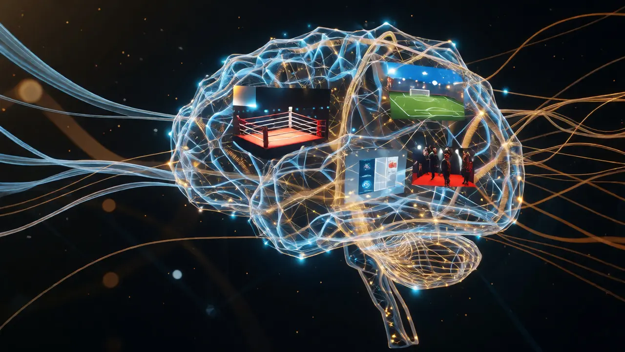 Glowing brain-shaped network of cables displaying mini sports and movie scenes.